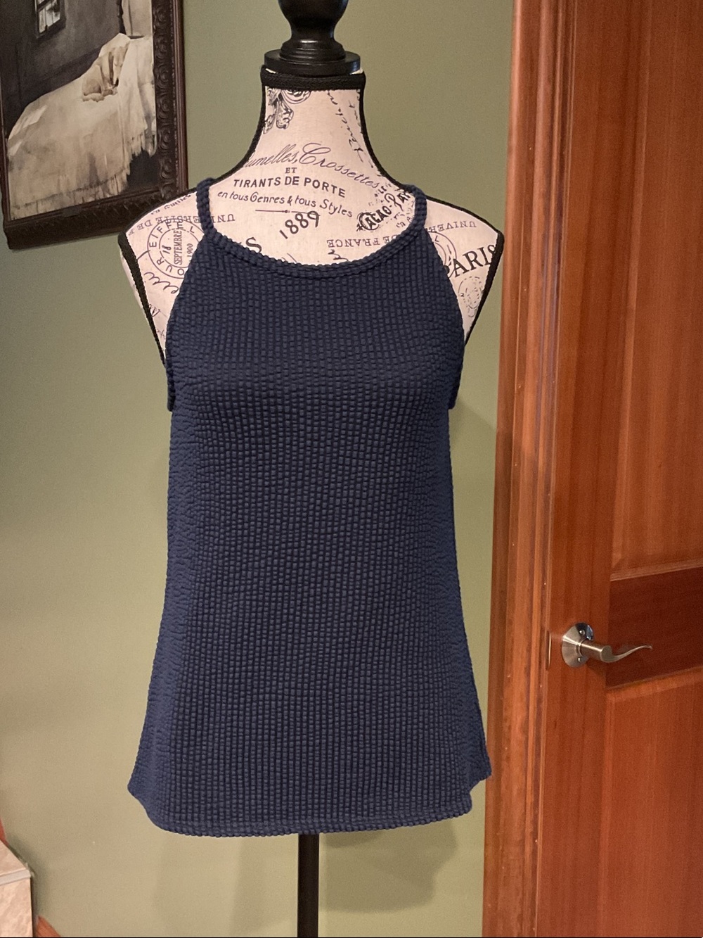 Green Envelope Navy Textured Halter Tank Top, Size S